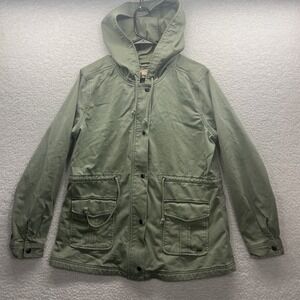 Levis Jacket Womens XL Brown Tan Beige Faded Hooded Zip Snap Front Thrashed Fit